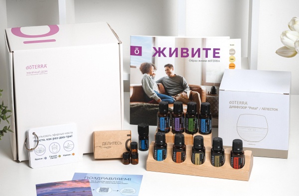 Картинка Набор эфирных масел doTERRA «Эфирный дом», 9х15 мл и 1х5 мл с диффузором и подставкой от магазина dōTERRA